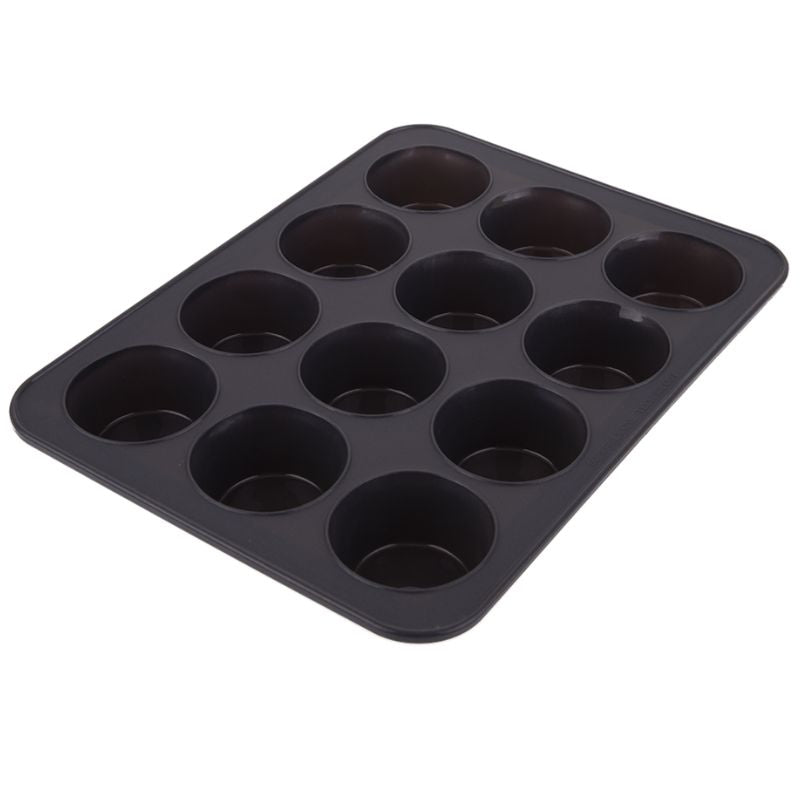 Daily Bake silicone 12 cup muffin tray pan - steel reinforced edges - Charcoal.