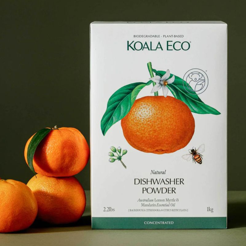 Koala Eco lemon myrtle and mandarin essential oil - dishwasher powder.