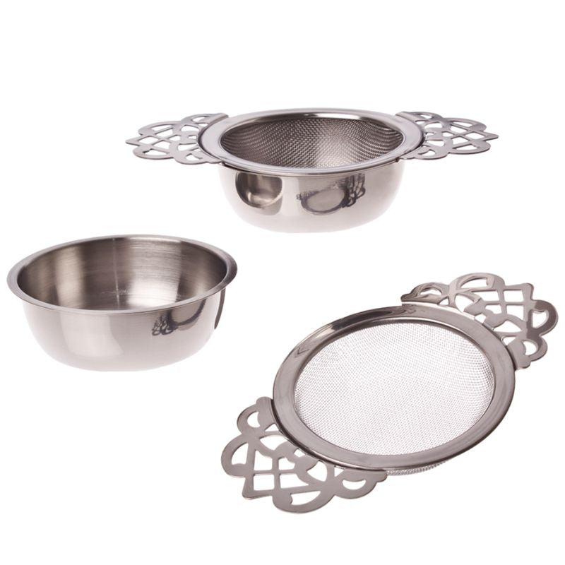 Teaology vintage stainless steel tea strainer with drip bowl.