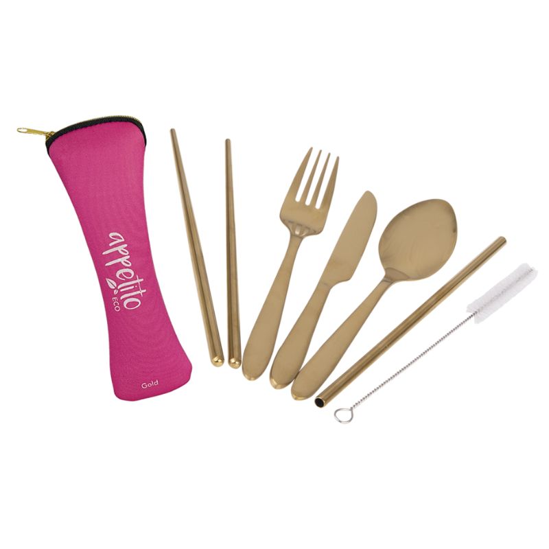 Appetito 6 piece stainless steel traveller's cutlery set - Gold set.
