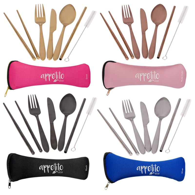Appetito 6 piece stainless steel traveller's cutlery set - photo of mixed coloured sets.
