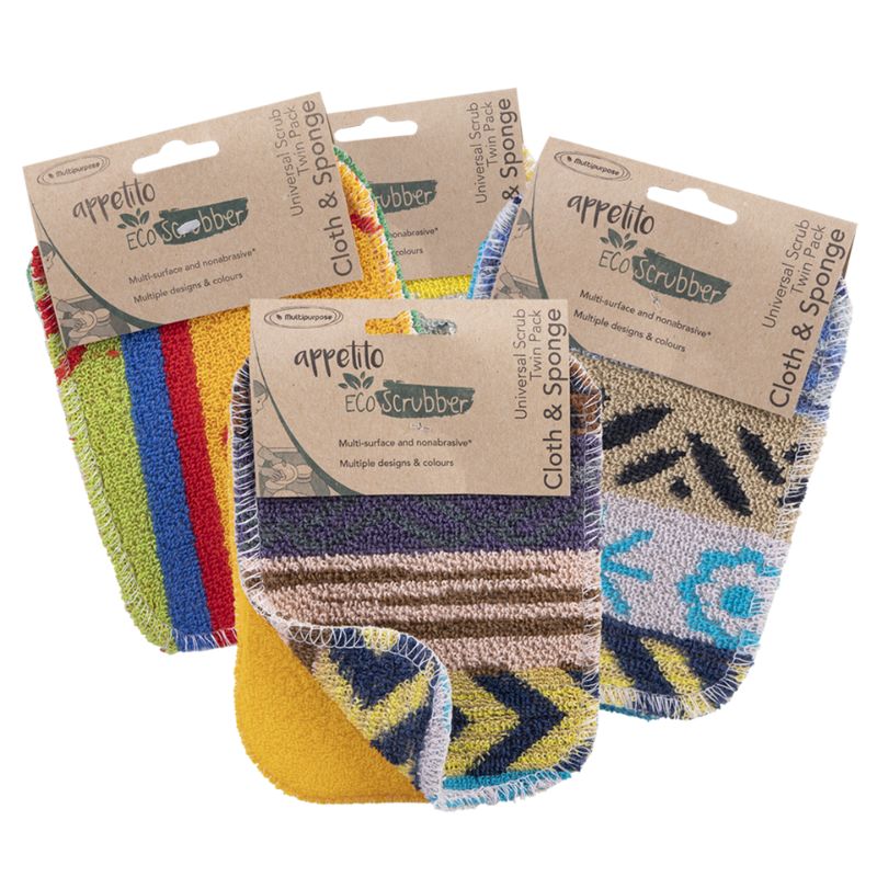 Appetito "Eco Scrubber" Universal scrub twin pack - cloth & sponge - 12x16.5cm - mix of 4 different packs.