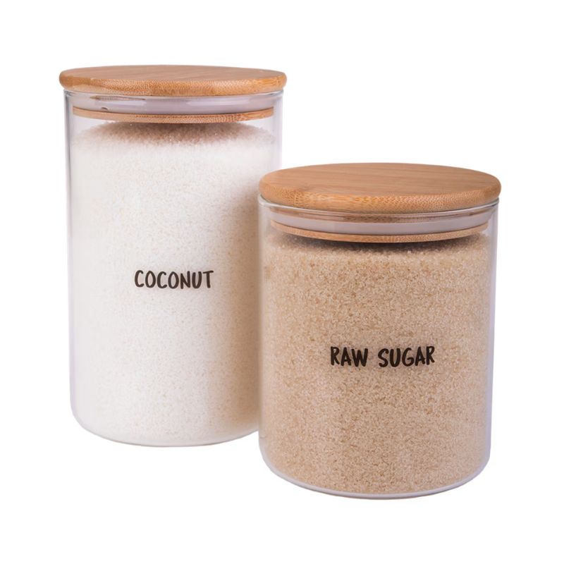 Appetito clear pantry labels - pack of 60 - shown on glass containers.