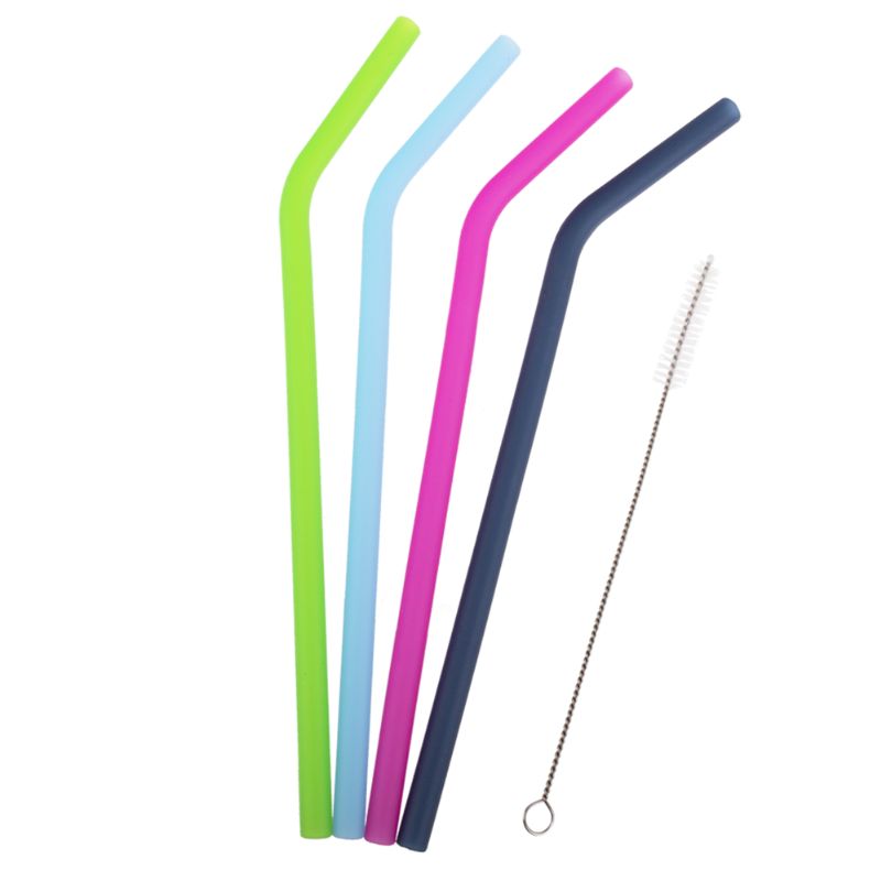 Appetito reusable silicone bent drinking straws - set of 4 with cleaning brush - 4 asst. colours.