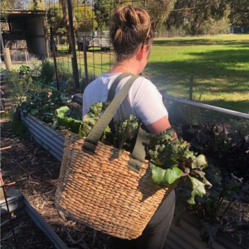 Back to Basket water hyacinth shoulder basket - woman with bag over shoulder.