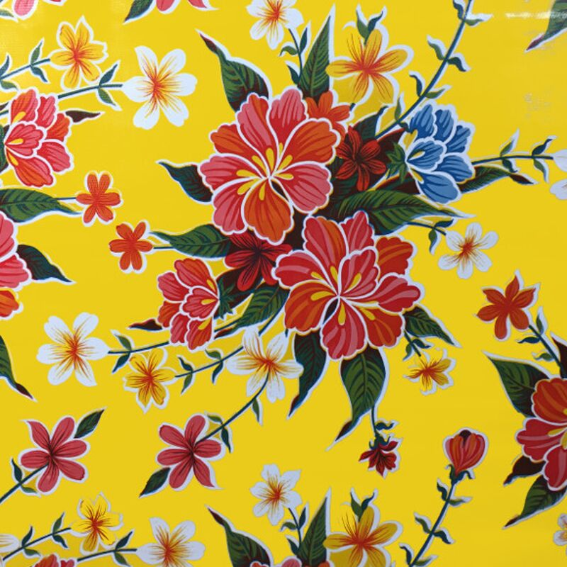 Ben Elke Mexican oilcloth tablecloth in Hibiscus Yellow design
