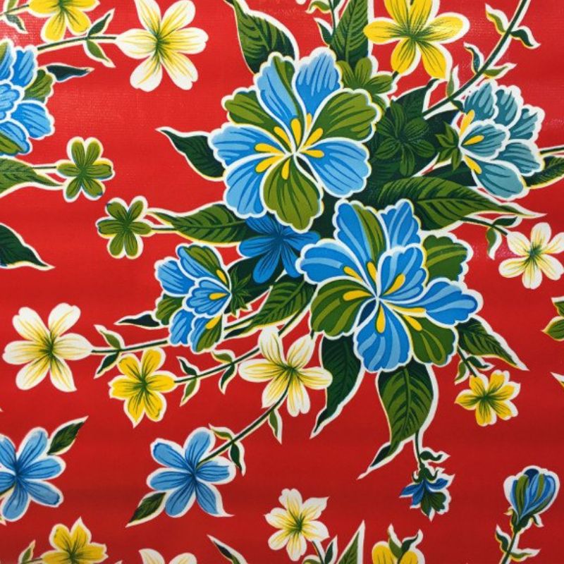 Ben Elke Mexican oilcloth tablecloth in Hibiscus Red design.