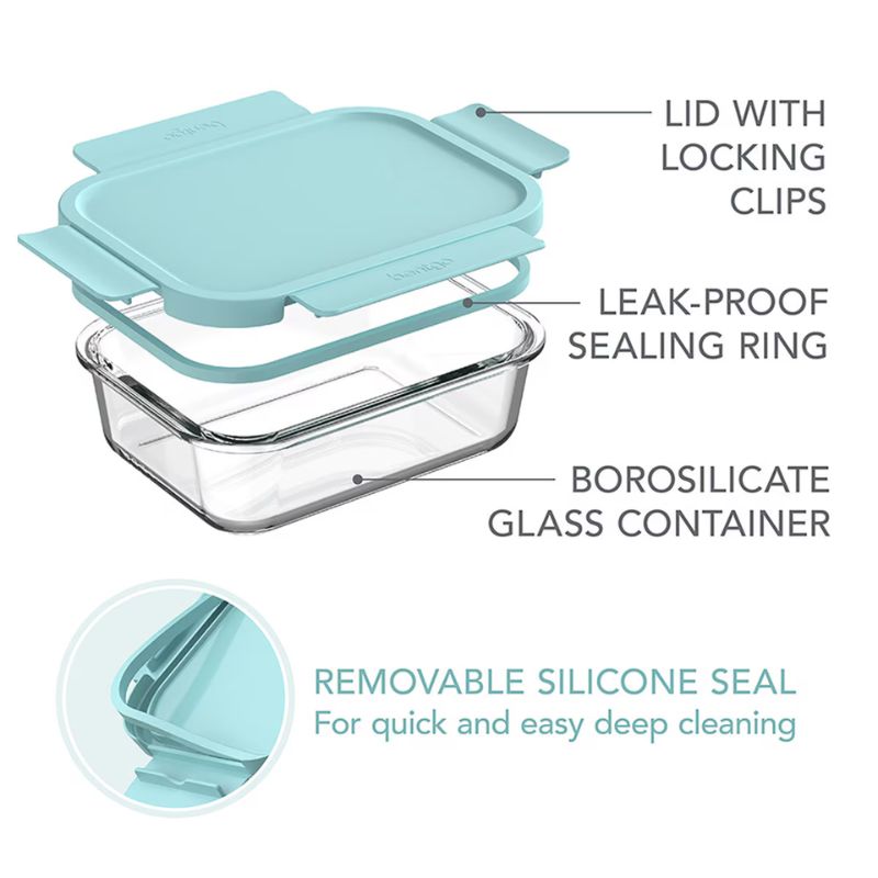Bentgo 8 piece rectangle  glass food storage set in soft Aqua - with description.