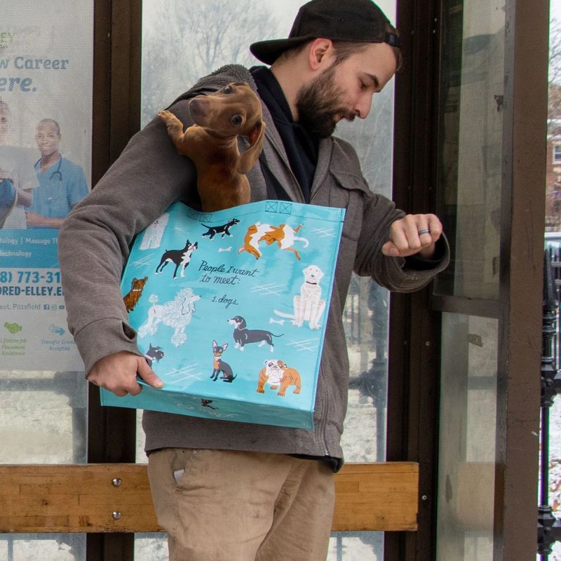 Blue Q Shoppers Shopping Bag - shown over shoulder of a man.