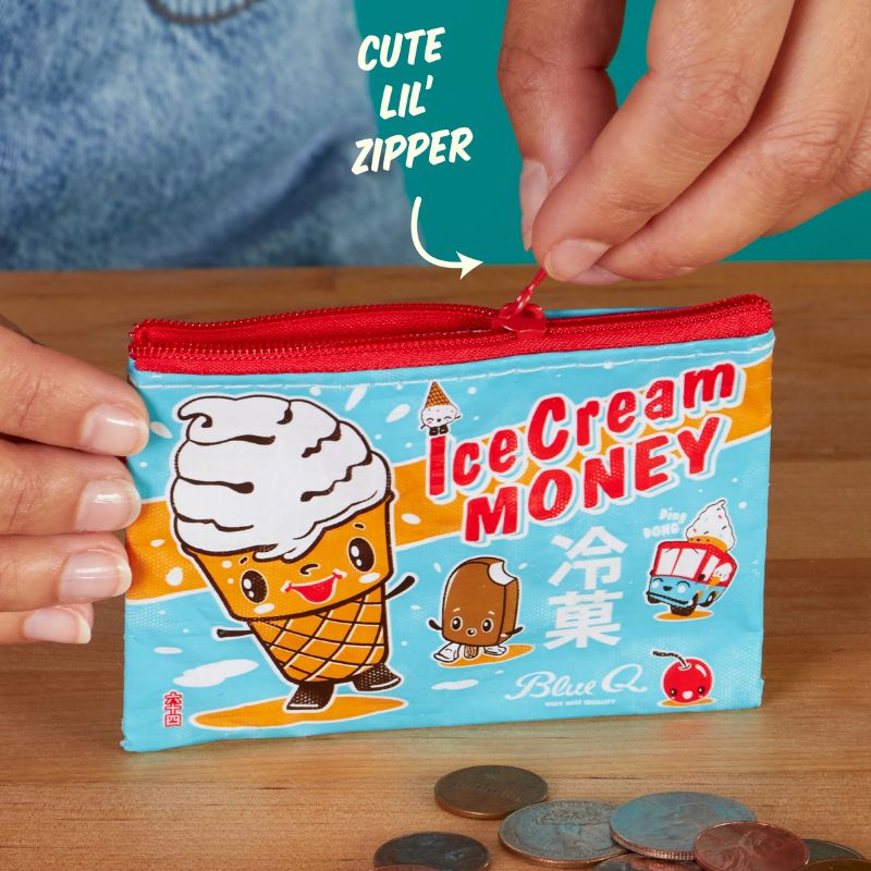 Blue Q coin purse - shown being opened and with coins.