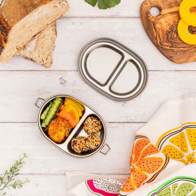 Ecococoon Classic Snack Pot Duo -shown open with food inside. 