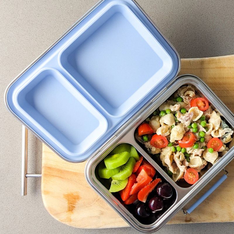 Ecocooon stainless steel bento lunch box 2 - leak proof - open with food - Blueberry design. 