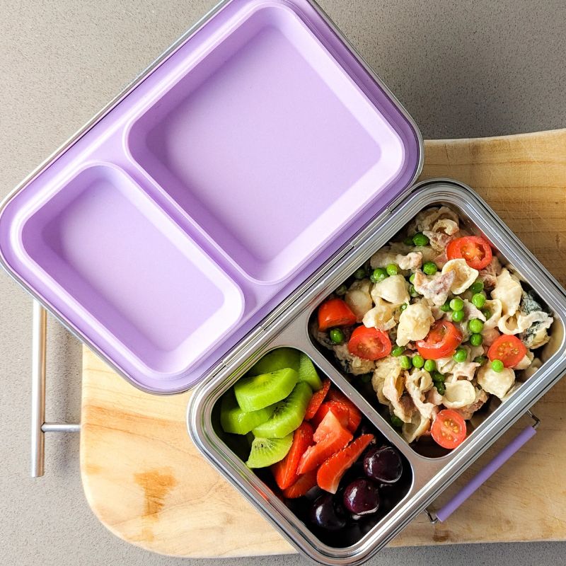 Ecocooon stainless steel bento lunch box 2 - leak proof - open with food - Grape  design. 