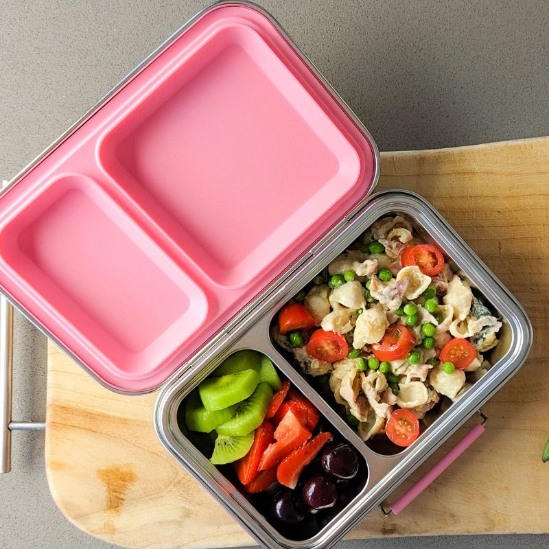 Ecocooon stainless steel bento lunch box 2 - leak proof - open with food - Rose Pink design. 