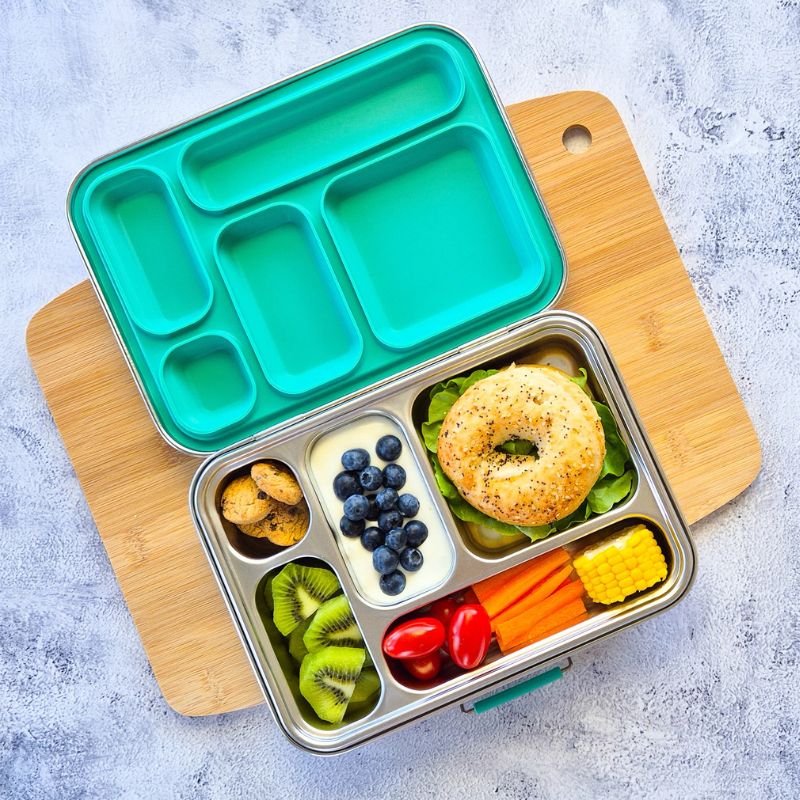 Ecocooon stainless steel bento lunch box 5 - leak proof - open with food - Emerald Green.
