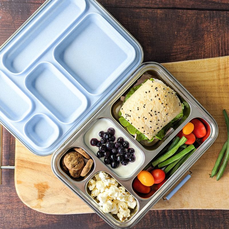 Ecocooon stainless steel bento lunch box 5 - leak proof - open with food - Blueberry design. 