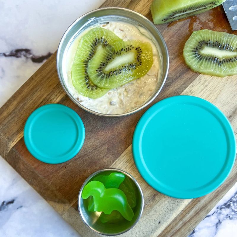 Ecococoon stainless steel snack pots - set of 2 - Emerald Green - shown with food in.