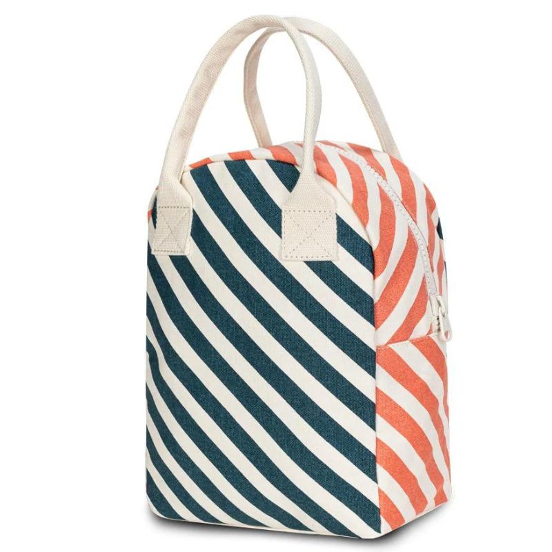 Fluf zipper lunch bag washable cotton - Apricot Stripe design.