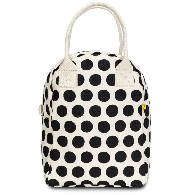 Fluf zipper lunch bag washable cotton - Black Polka design.