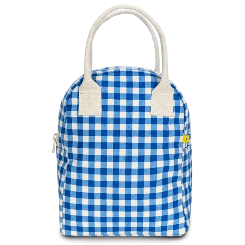 Fluf zipper lunch bag washable cotton - Blue Gingham design.