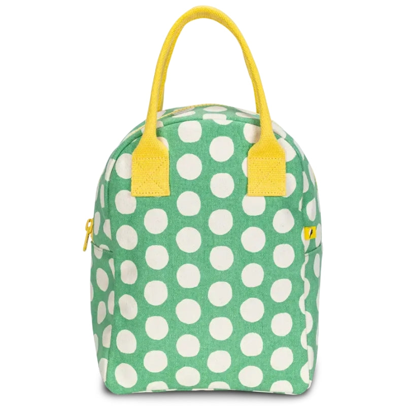Fluf zipper lunch bag washable cotton - Green Polka Dots design.