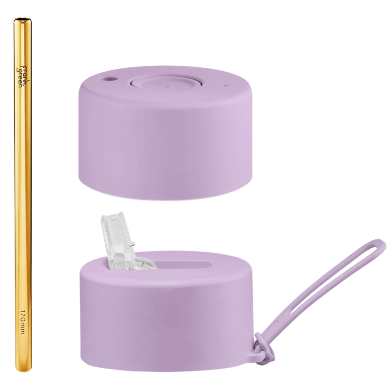 Frank Green Duo Lid Pack set of spare lids - a Push Button Lid, Straw Lid Hull, Straw and a Strap in Lilac Haze.