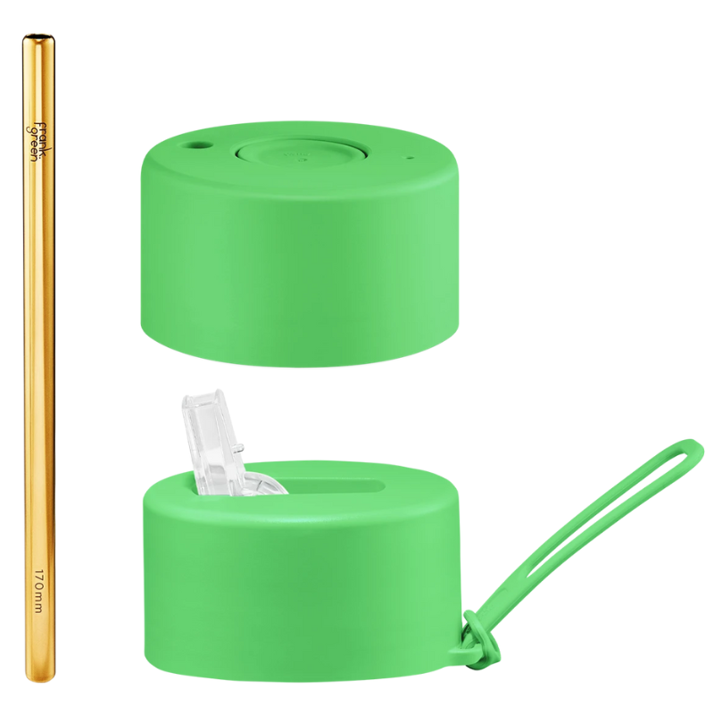 Frank Green Duo Lid Pack set of spare lids - a Push Button Lid, Straw Lid Hull, Straw and a Strap in Neon Green.