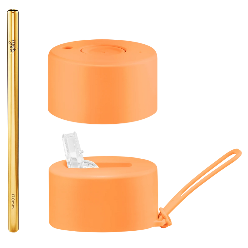 Frank Green Duo Lid Pack set of spare lids - a Push Button Lid, Straw Lid Hull, Straw and a Strap in Neon Orange. 