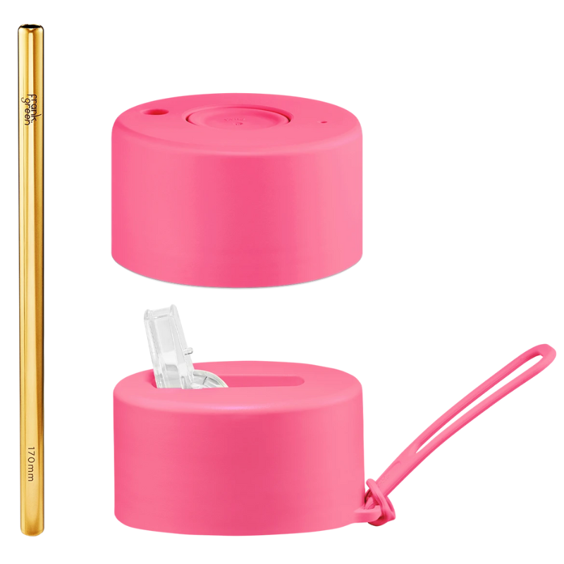 Frank Green Duo Lid Pack set of spare lids - a Push Button Lid, Straw Lid Hull, Straw and a Strap in Neon Pink.