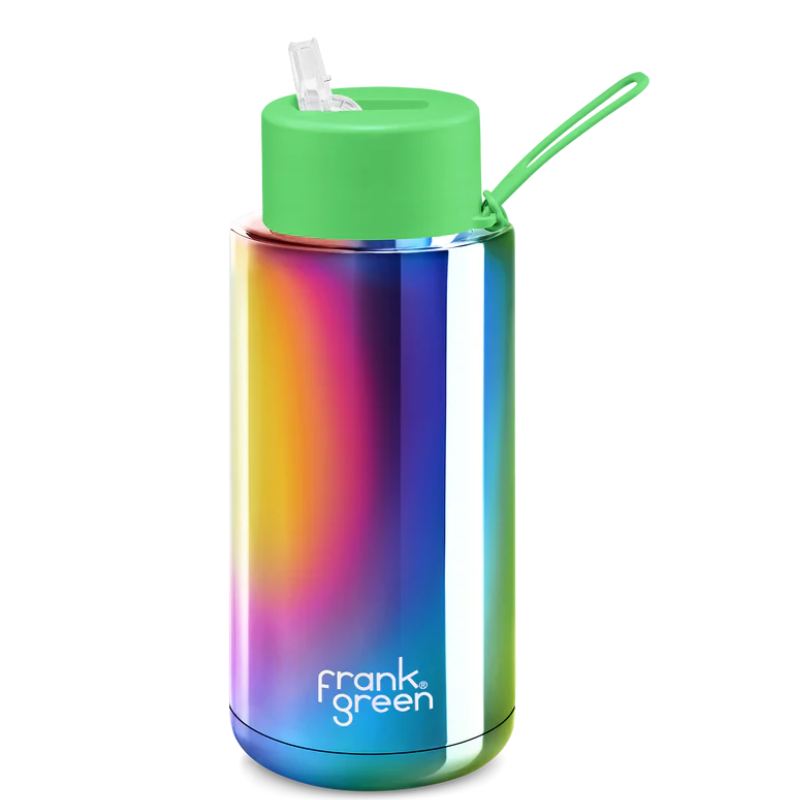 Frank Green ceramic reusable bottle with straw 34 oz / 1L - Chrome Neon Green Lid.