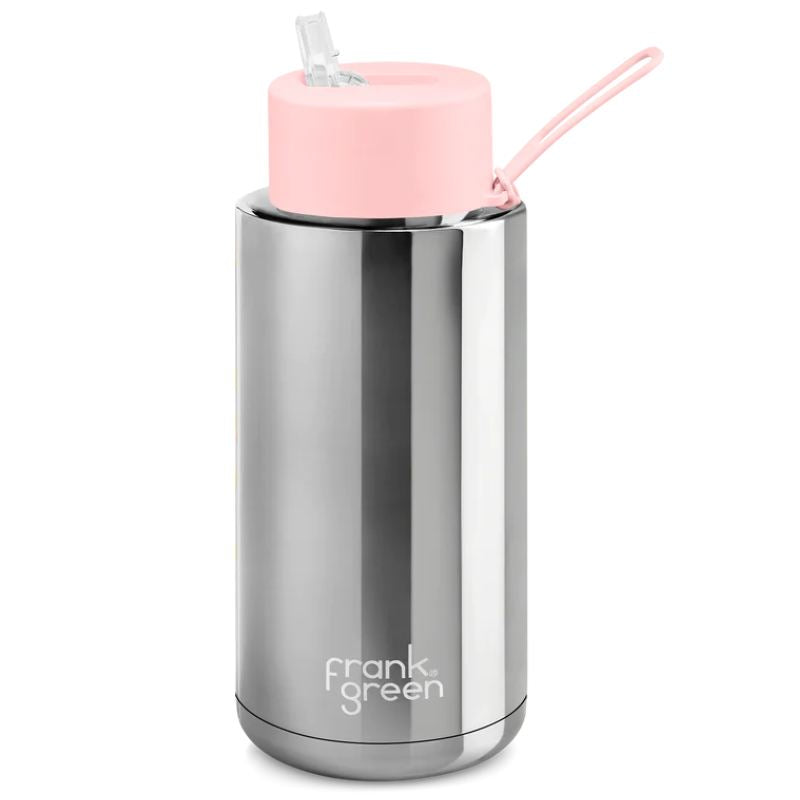 Frank Green ceramic reusable bottle with straw 34 oz / 1L - Chrome Silver.