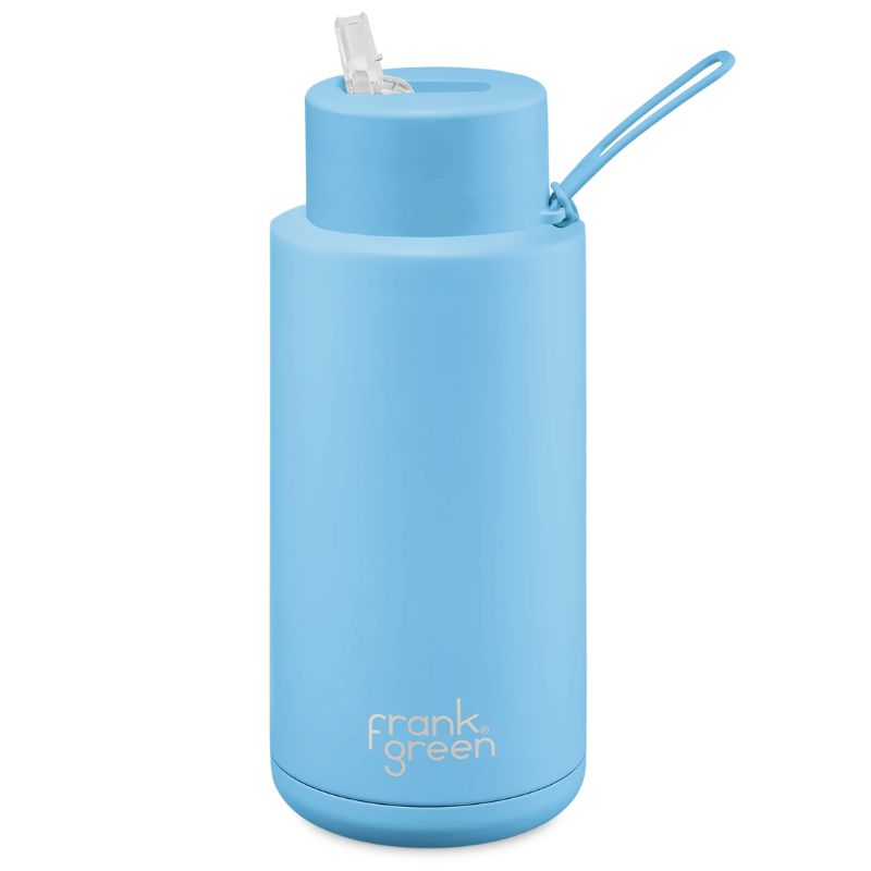 Frank Green ceramic reusable bottle with straw 34 oz / 1L - Sky Blue.