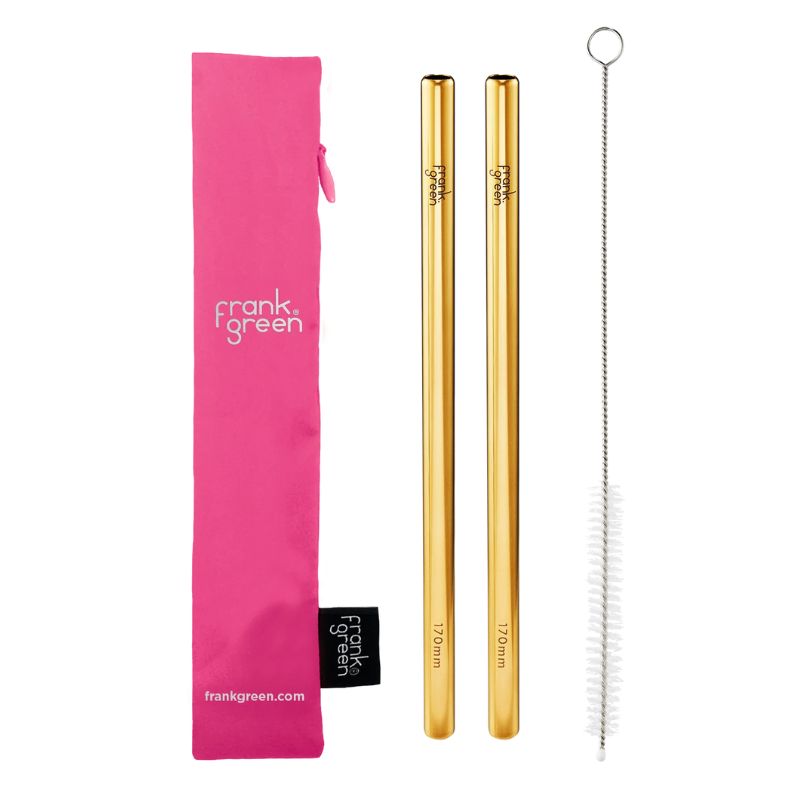 Frank Green reusable straw pack with straws and cleaner in a pouch - Neon Pink. 