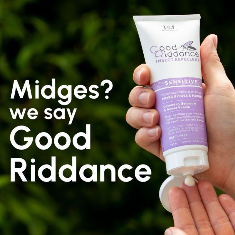 Good Riddance Sensitive Insect Repellent - with text saying Midges - we say Good Riddance.
