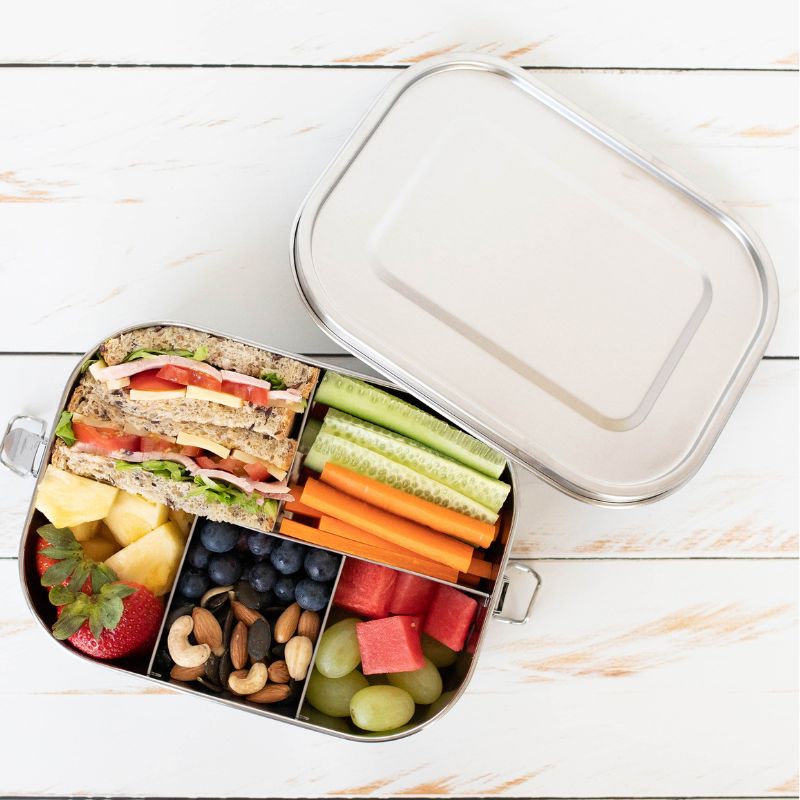 Green Essentials stainless steel leak proof bento 5 lunch box - shown open with food. 