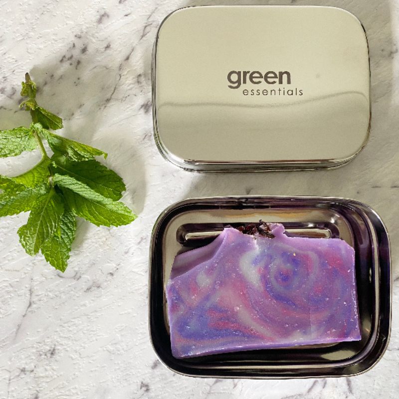 Green Essentials soap dish - stainless steel container - open with soap inside. 