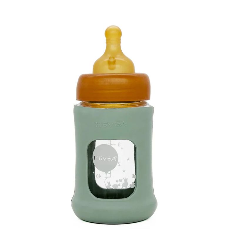 Hevea wide neck baby glass bottle with rubber sleeve and teat - 150ml - Seafoam Blue.