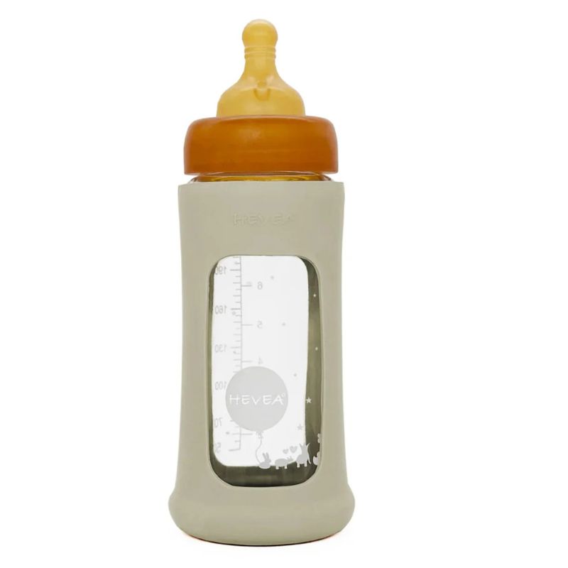 Hevea wide neck baby glass bottle with natural rubber sleeve and teat - 250ml - Ivory.