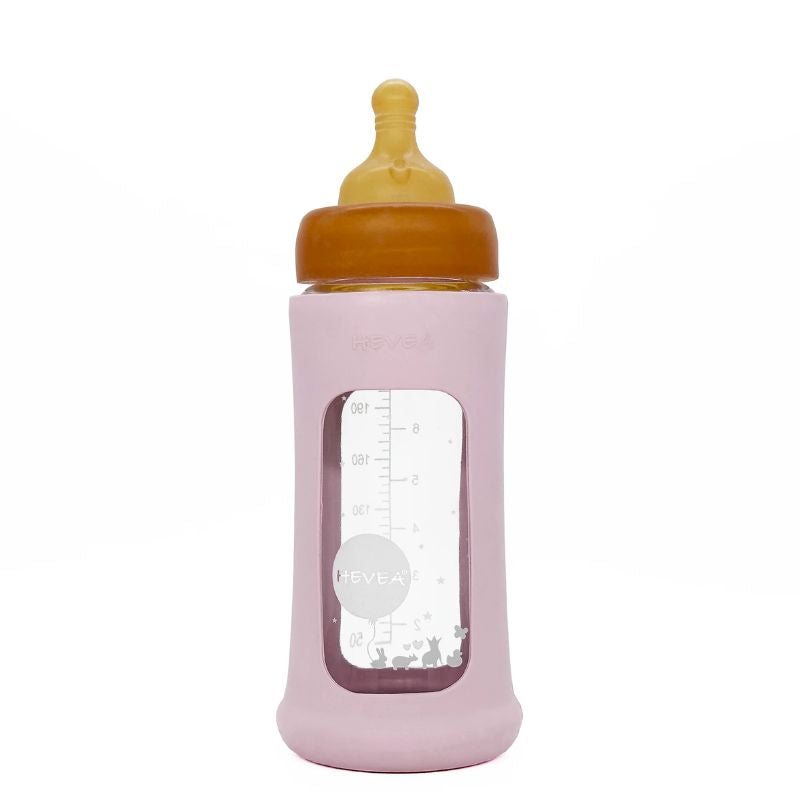 Hevea wide neck baby glass bottle with natural rubber sleeve and teat - 250ml - Pink.