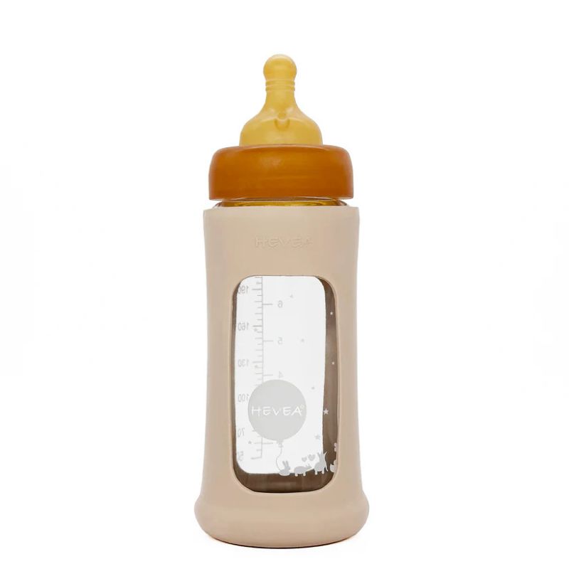 Hevea wide neck baby glass bottle with natural rubber sleeve and teat - 250ml - Sand.