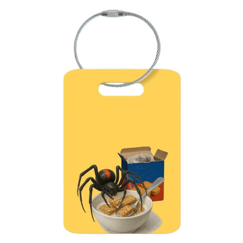Ink and Fold Luggage bag tag - Australian Redback Spider eating Weetbix.