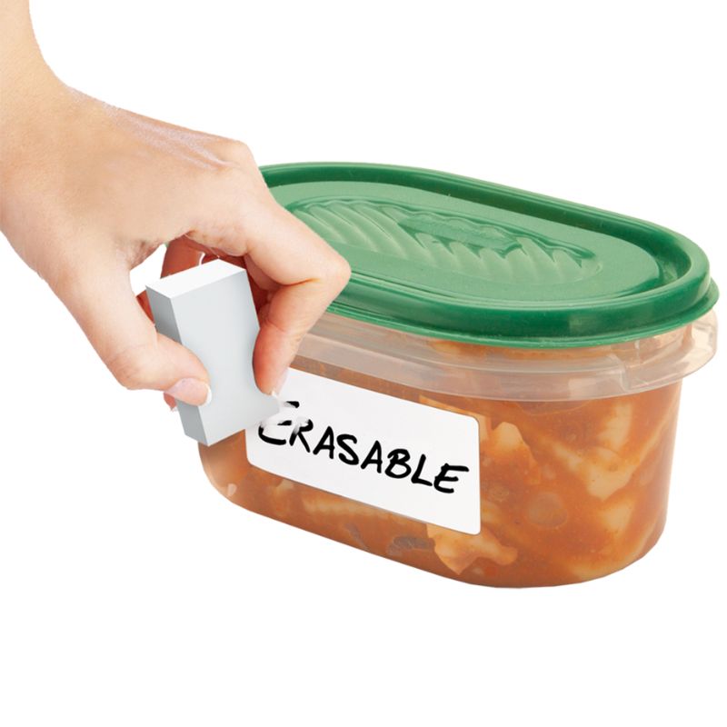 Jokari erasable food labels - comes with pen and eraser - showing text being erased.