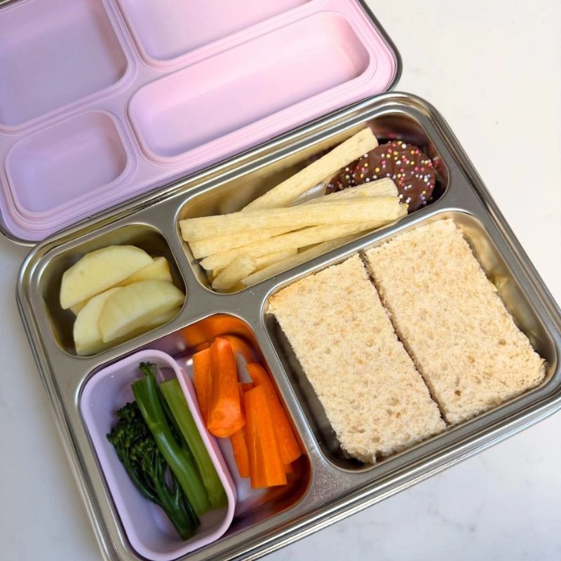 Kaally Bento 4+ stainless steel bento lunch box - new 2025 edition - open with sandwich and other food.