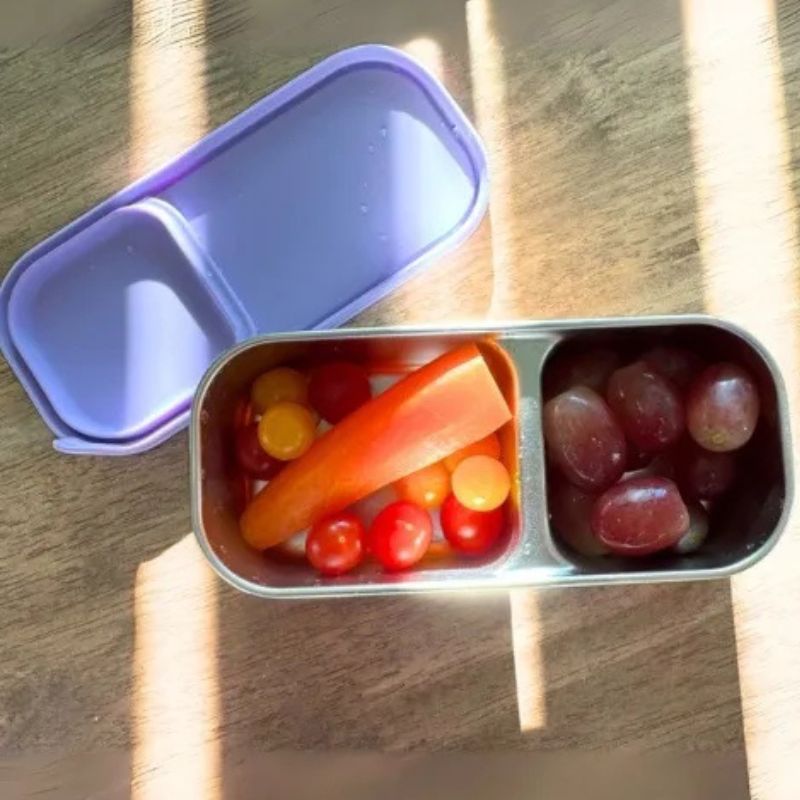 Kally cheese and cracker stainless steel snack pot 2 compartment - shown with food. 