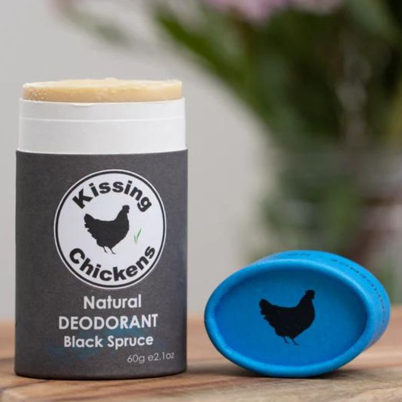 Kissing Chicken organic bicarb free natural deodorant stick in card board - Black Spruce.