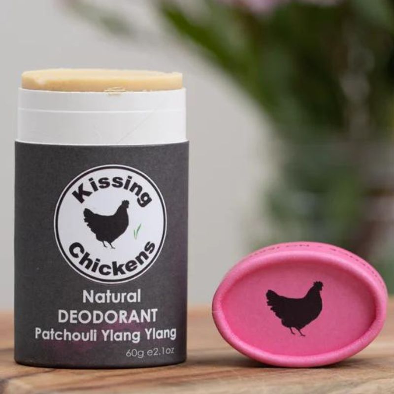Kissing Chicken organic bicarb free natural deodorant stick in card board - Patchouli Ylang Ylang.