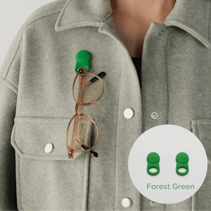 Klipsta Spex glasses clips - 2 pack - Forest Green - glasses shown clipped on womans shirt.