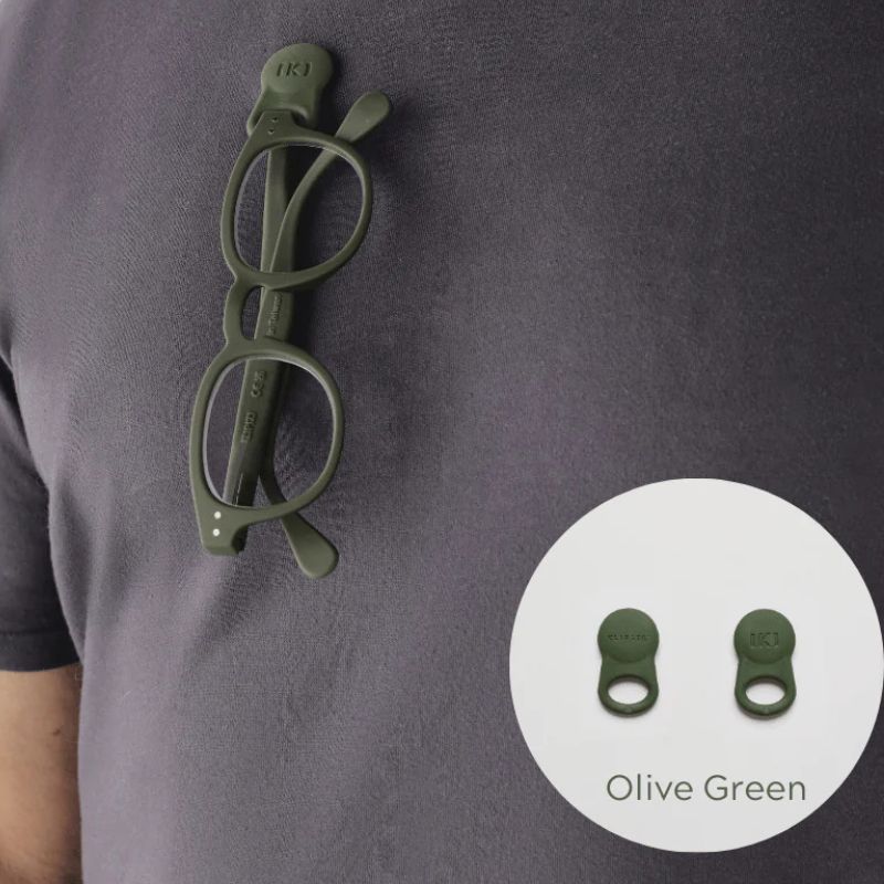 Klipsta Spex glasses clips - 2 pack - Olive Green - glasses shown clipped on mans shirt.