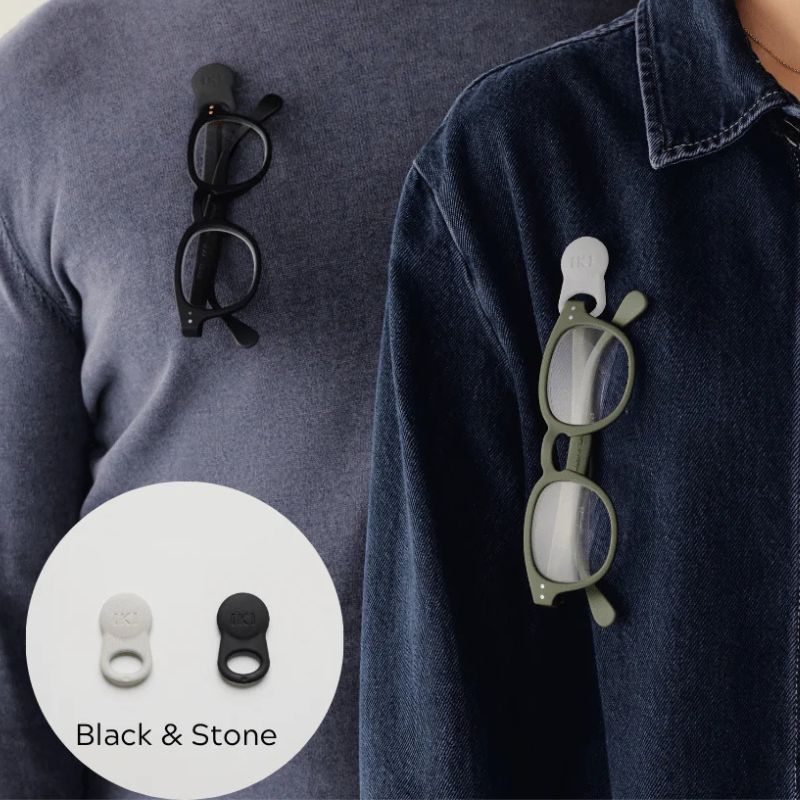 Klipsta Spex glasses clips - 2 pack - black and stone - glasses shown clipped on shirts.