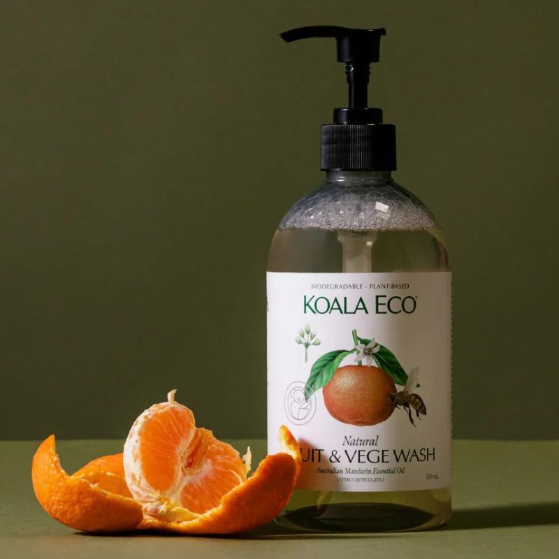 Koala Eco fruit and veggie wash - 500ml pump bottle with a mandarin in front of it. 